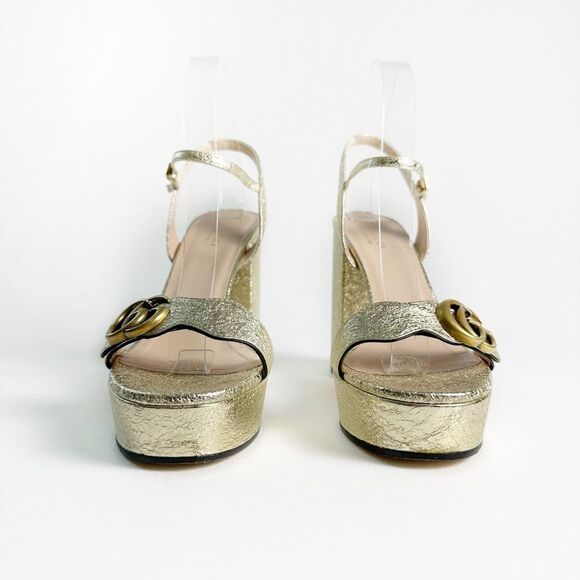 GUCCI Marmont Gold Platform Heel Sandals 39.5 Metallic Leather Block Ankle Strap - Picture 5 of 12